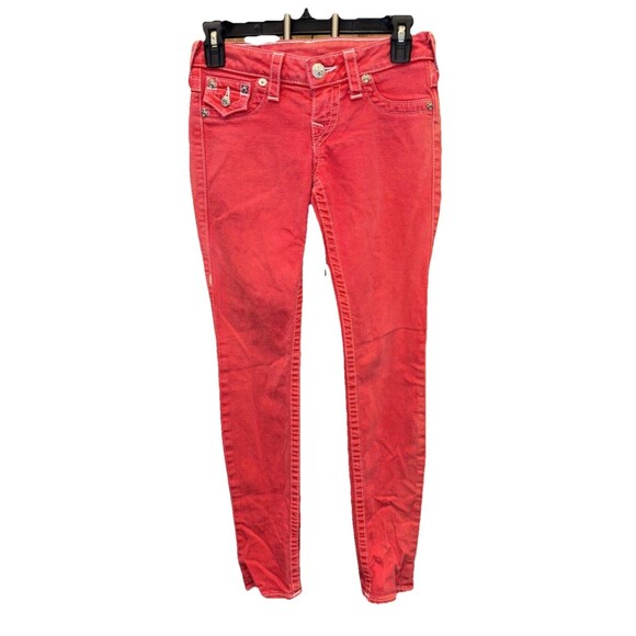 True Religion Jeans Red Denim Skinny Leg White Tag 25x33” Zip Flap Pockets - Picture 1 of 10